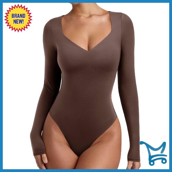 Long Sleeve Square V Neck Bodysuit Double Lined Slimming Top